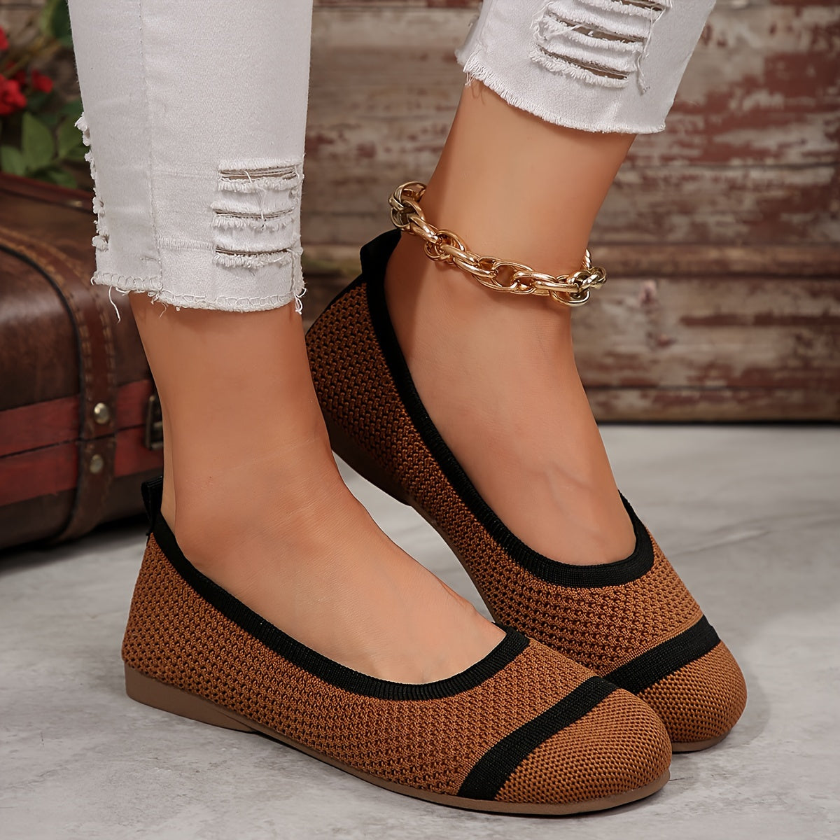 Women’s Breathable Knit Mary Jane Flats Casual Slip-On Shoes in Solid Color