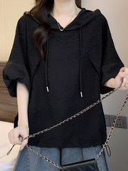 Plus Size Women's Casual Hoodie with Drawstring Short Sleeve Black
