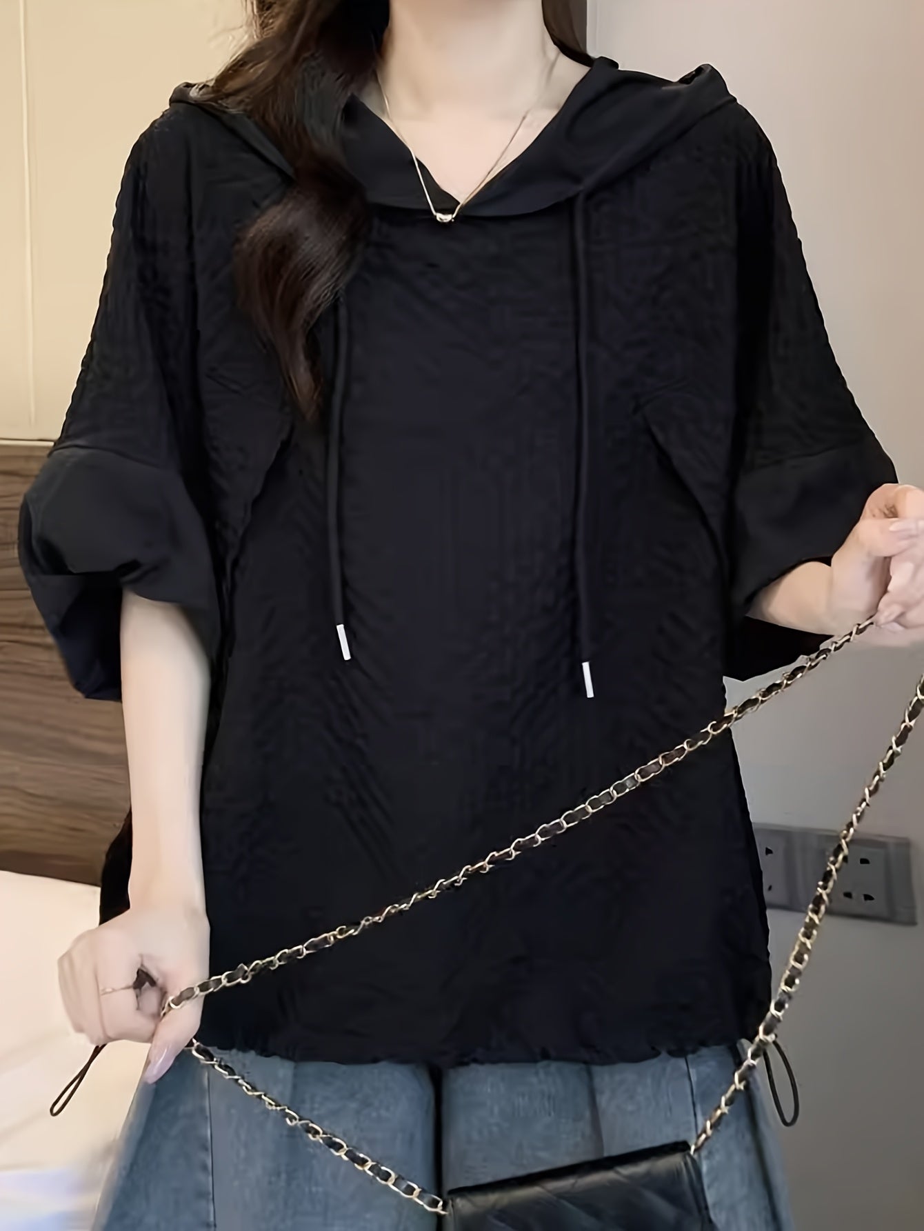 Plus Size Women's Casual Hoodie with Drawstring Short Sleeve Black