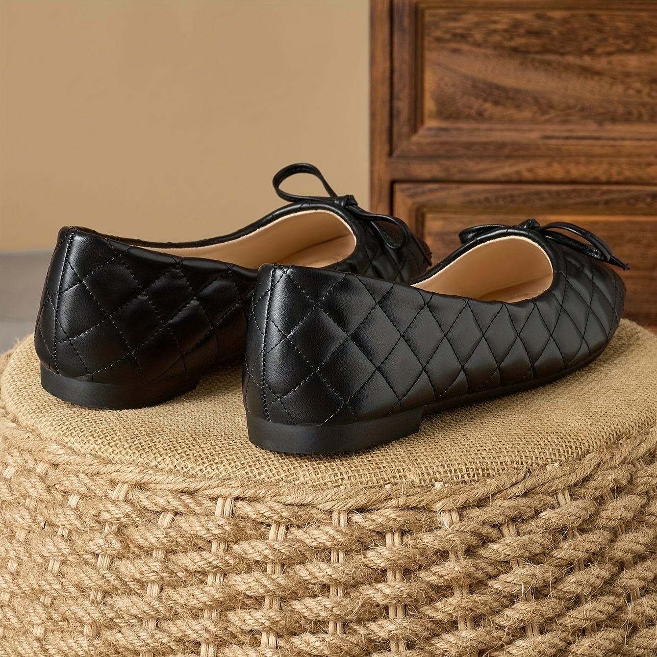 Women’s Black Quilted Slip-On Flats with Bow, Non-Slip Soft Sole