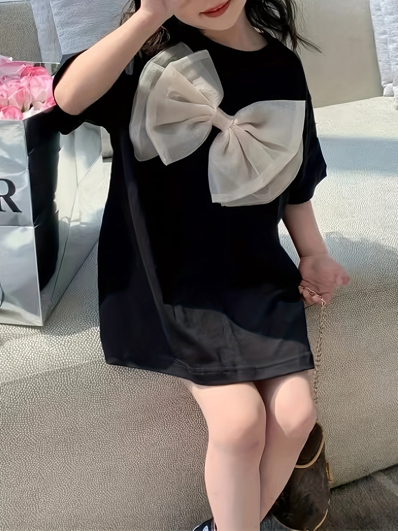 Qizlar uchun bahor va yozda bowknot tafsilotli tasodifiy va qulay T-kofta