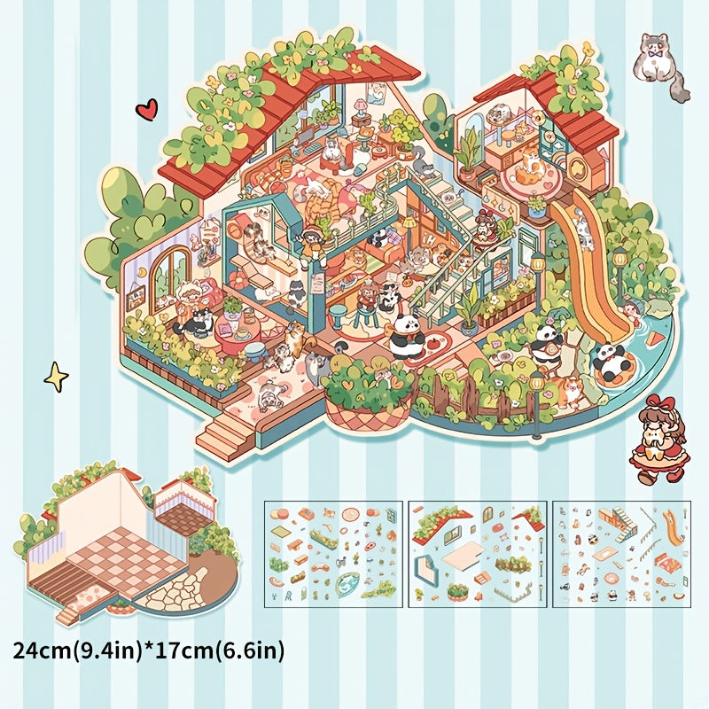 4-Pack Large 3D Paper Scenery Stickers with Stackable Villa Design for DIY Decor