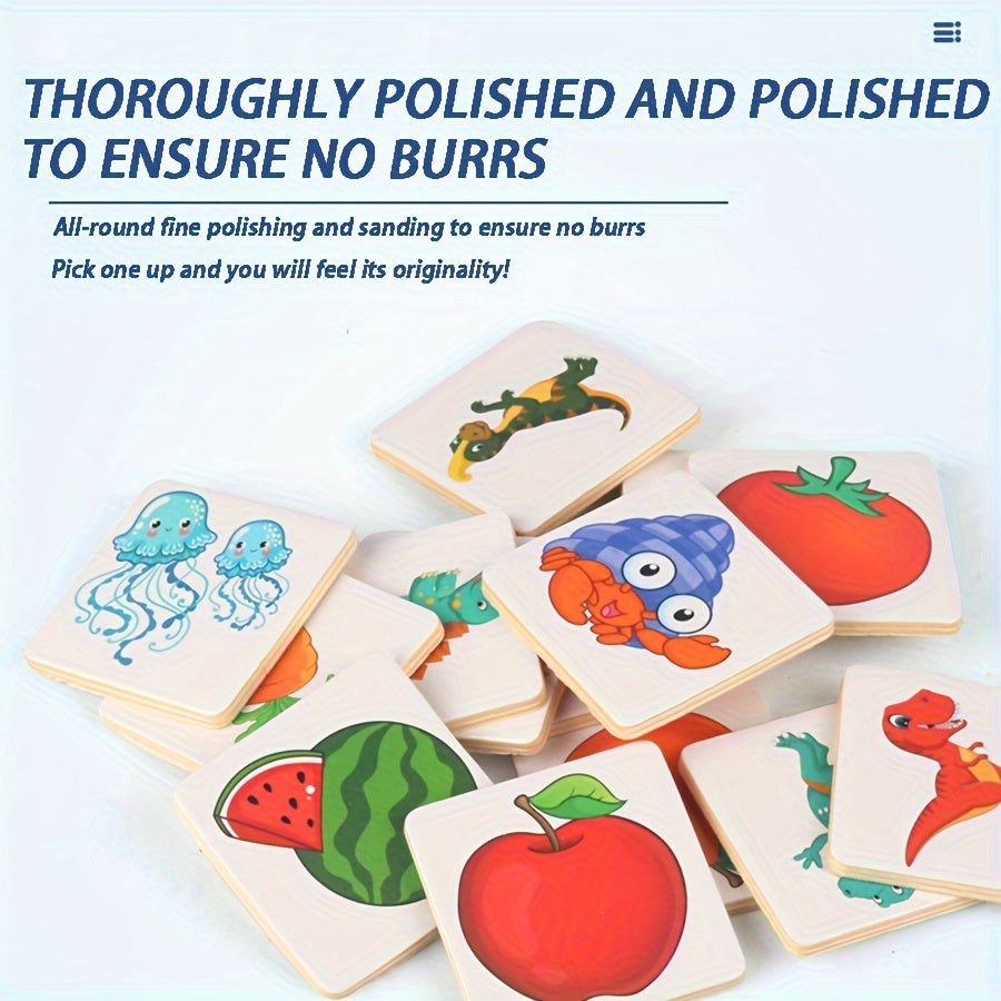 Bolalar uchun yog'och bosh qotiruvchi jumboq, hayvonlar va mevalar soyasini moslashtirish o'yini orqali shaklni tanish va kognitiv rivojlanishga yordam beradi.