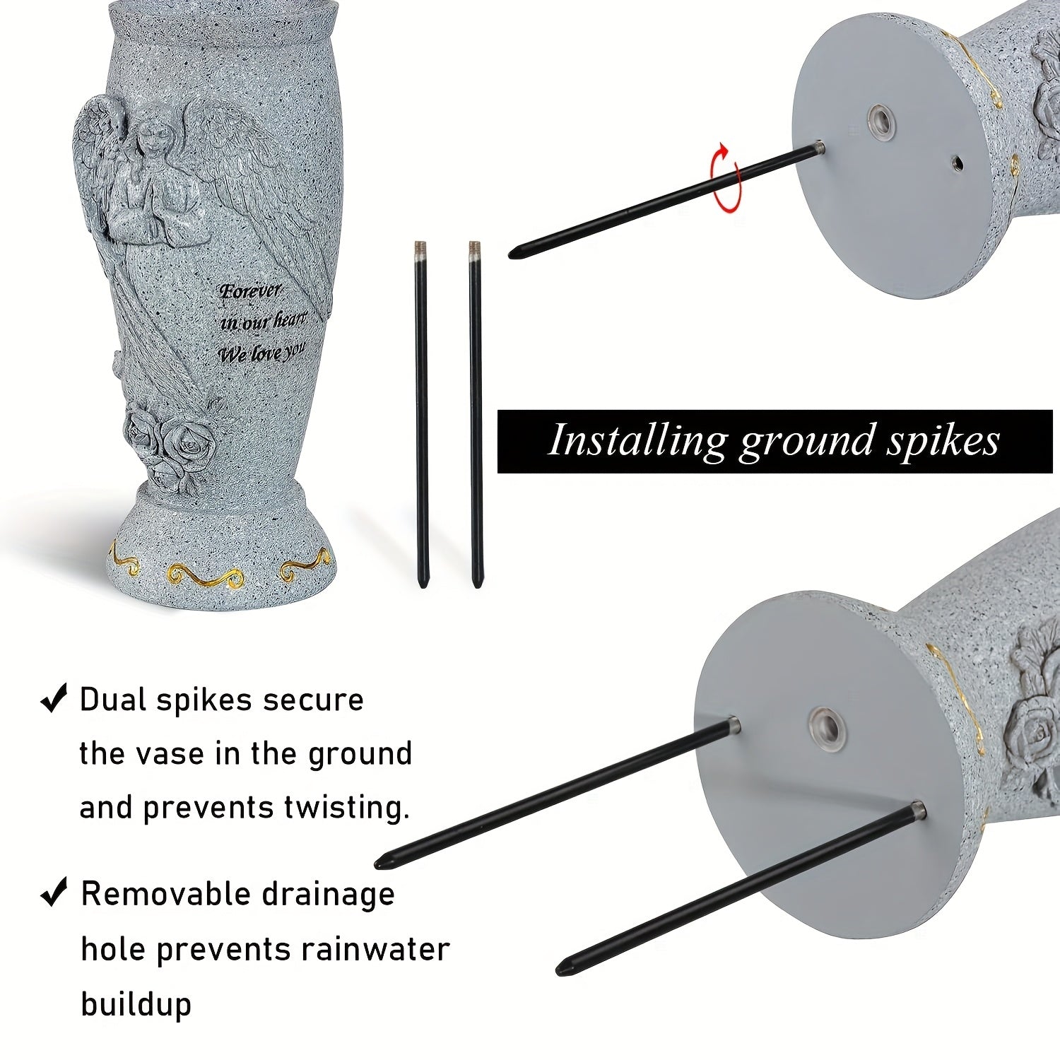 Angel Memorial Cemetery Vase with Ground Spikes for Flowers Engraved Forever in Our Heart