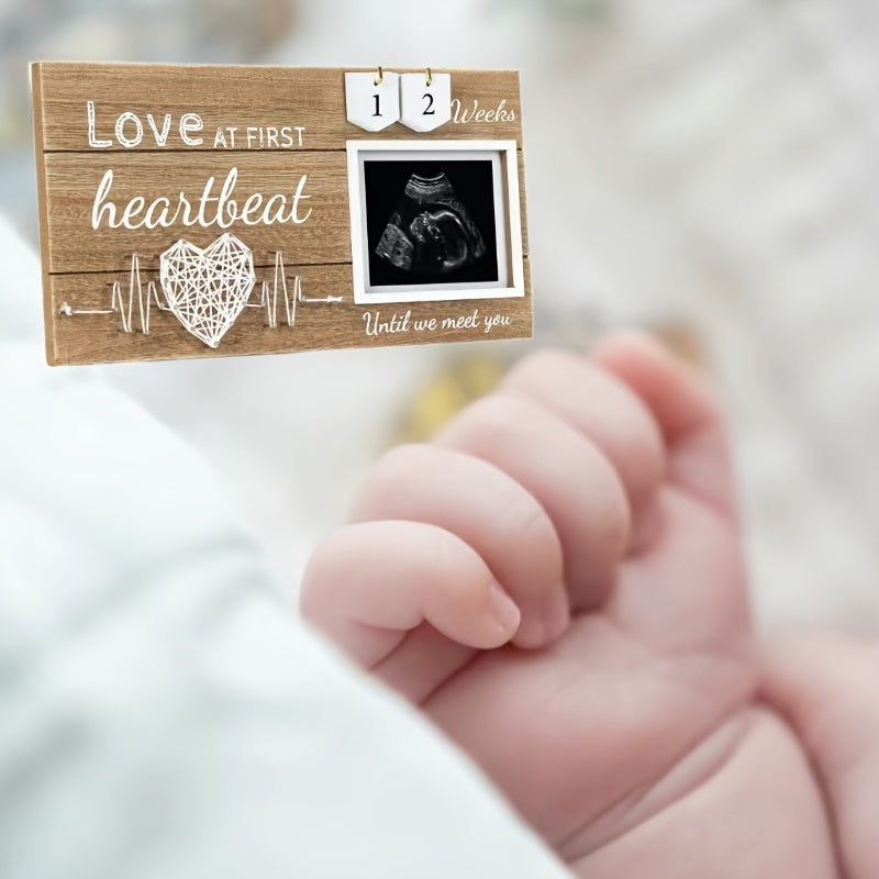 Wood Baby Photo Frame with Heartbeat Design and Interchangeable Week Tracker for Newborns