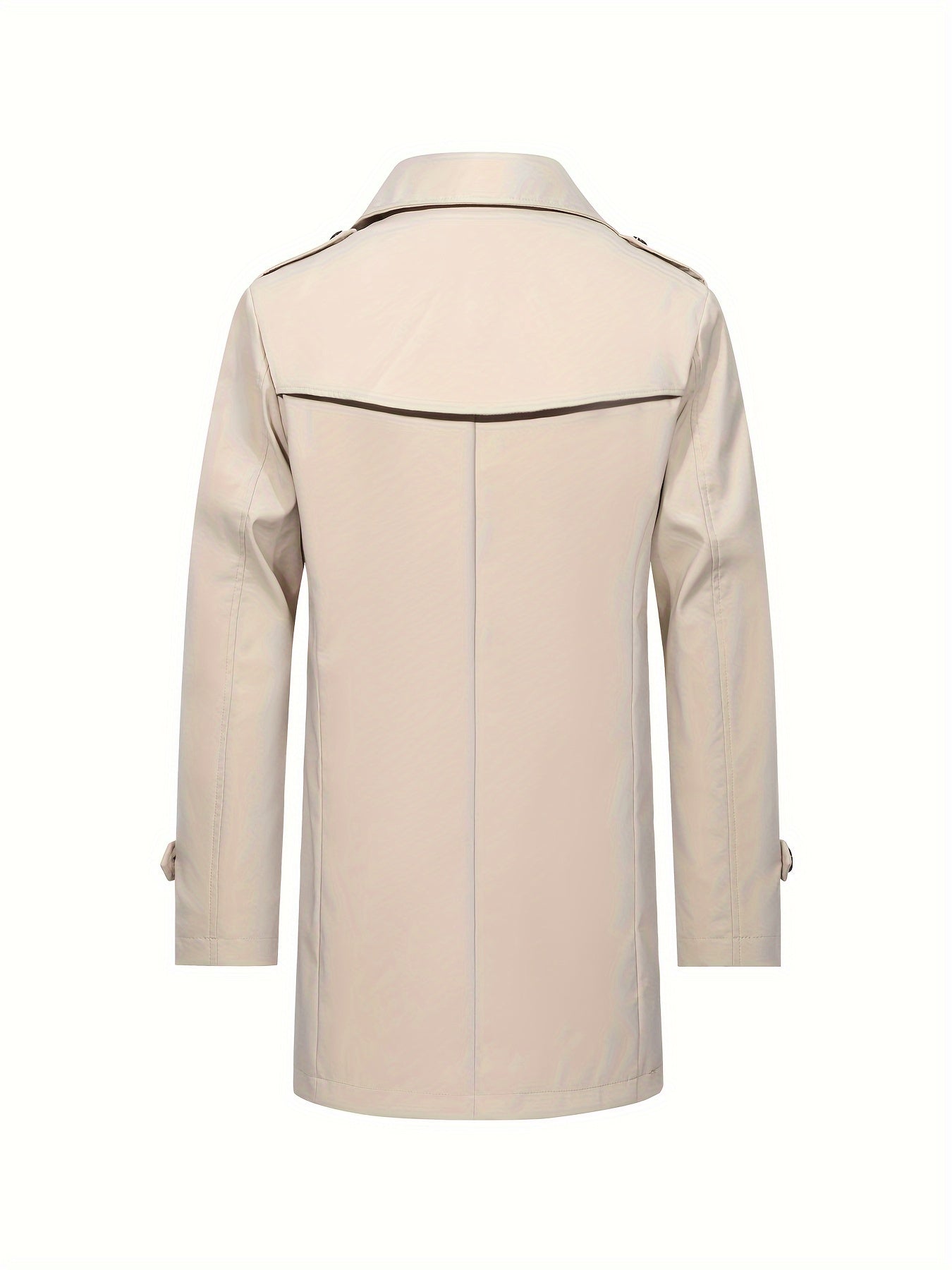 Erkaklar uchun o'rtacha uzunlikdagi ikki qatorli dizayndagi trench palto, mustahkam rangda, biznes va norasmiy kiyimlar uchun ideal.