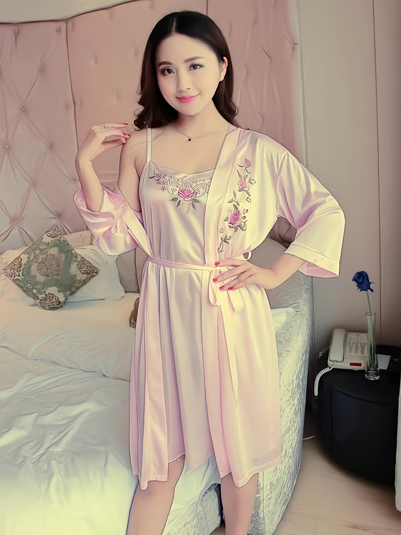 Women's Satin Nightgown Set with Suspenders and Embroidered Solid Color Pajama Sleepwear