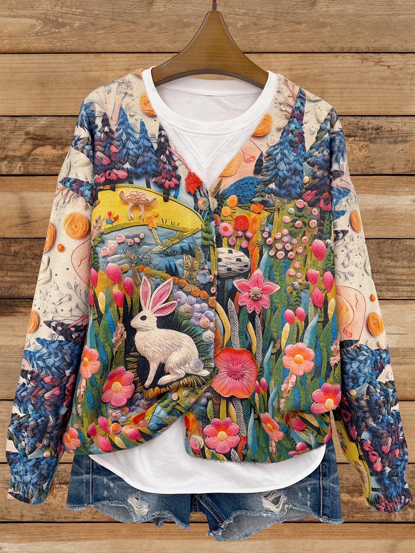 Plus Size Knitted Effect Cardigan with Rabbit Design V-Neck Long Sleeve