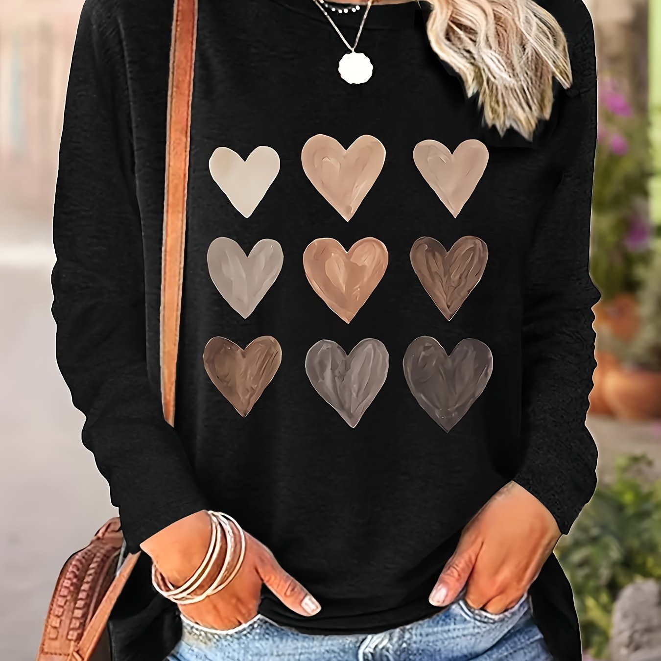 Plus Size Long Sleeve T-Shirt Polyester Knit Heart Pattern Crew Neck Spring Fall