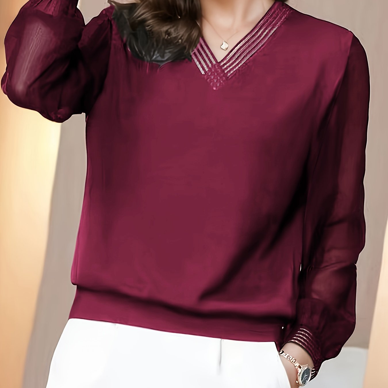 Women's Black Lace Chiffon V-Neck Blouse Spring Fall Layering