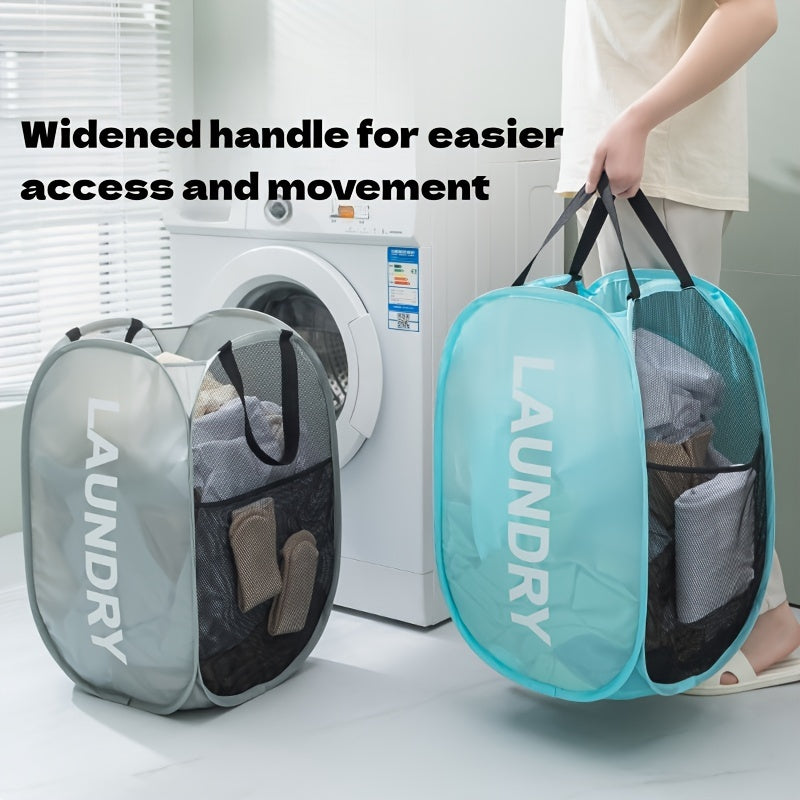 Gray Foldable Laundry Basket with "Wash Me" Print, Multi-Compartment, Portable
