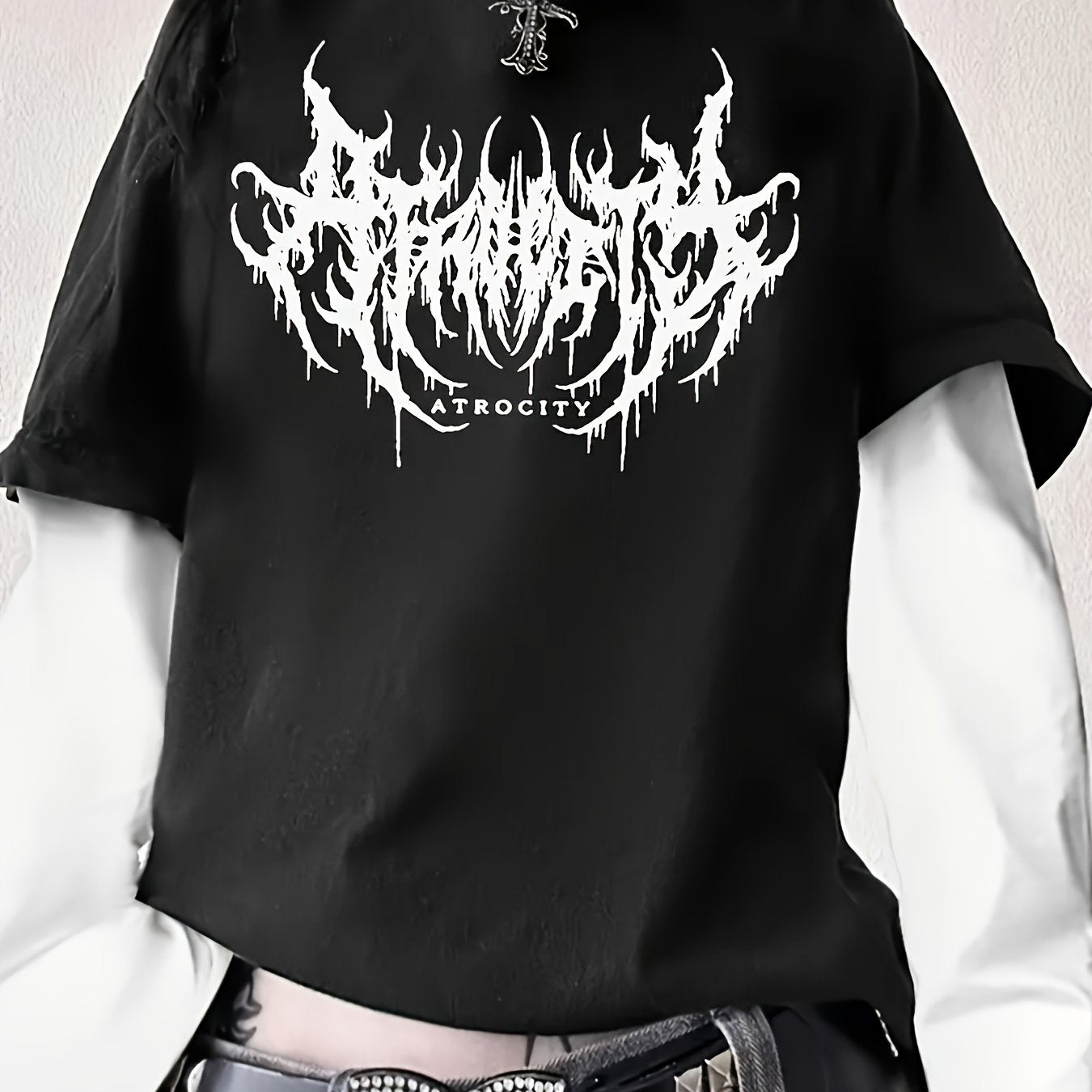 Women's Gothic Floral Print Long Sleeve T-Shirt with Crew Neck and Faux Layered Design