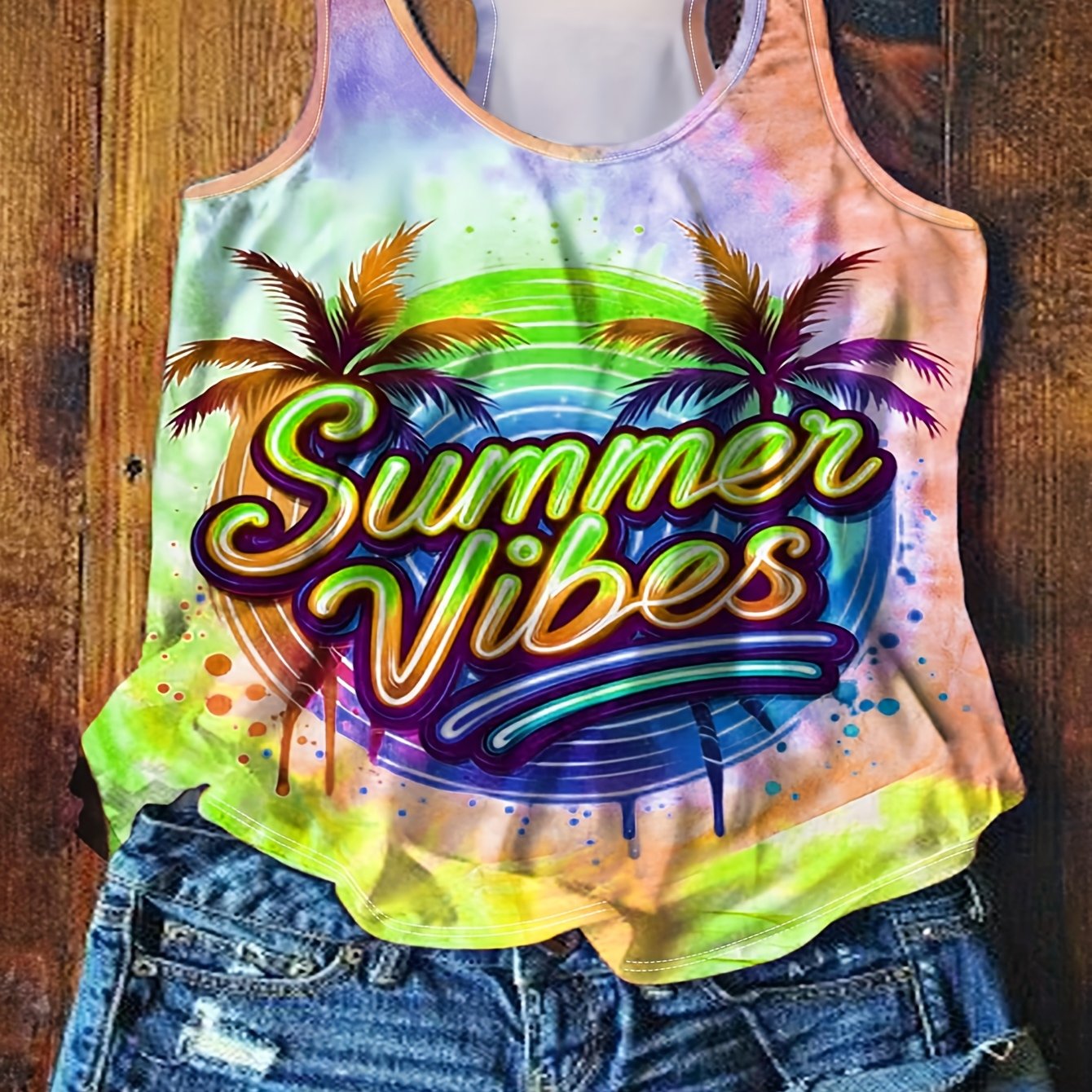 Top de tirantes gráfico de verano para mujer talla grande, casual, con efecto tie-dye, para playa y vacaciones
