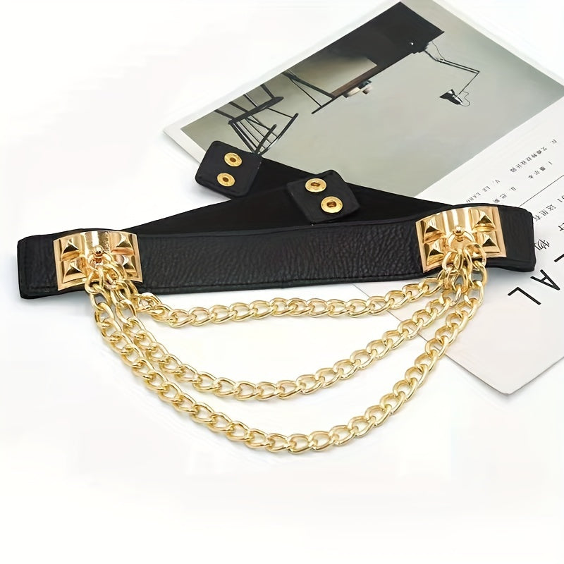 Elastic Waistband Belt with Punk Chain Fringe for Women's Dresses Solid Color Body Jewelry