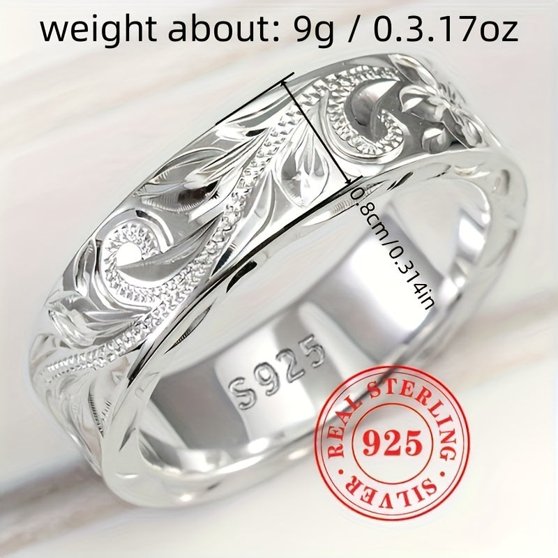 Vintage Bohemian Silver Ring with Carved Leaf and Flower Design S925 Jewelry