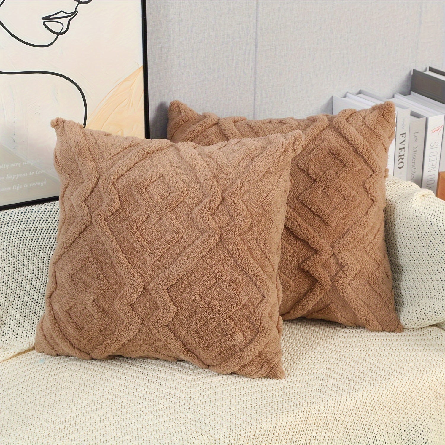 Plush Faux Wool Velvet Pillow Cover Cream Beige Geometric Zippered Decor