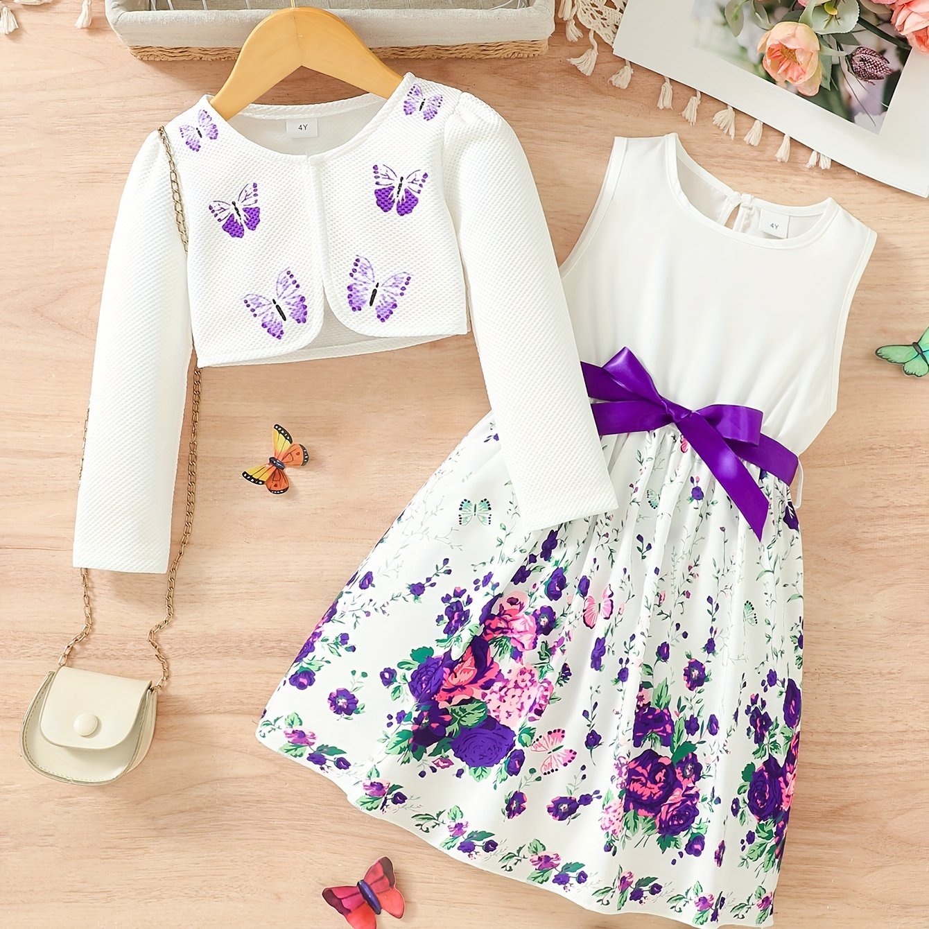Girls Butterfly Casual Two-Piece Dress Set with Midi Length and Belt