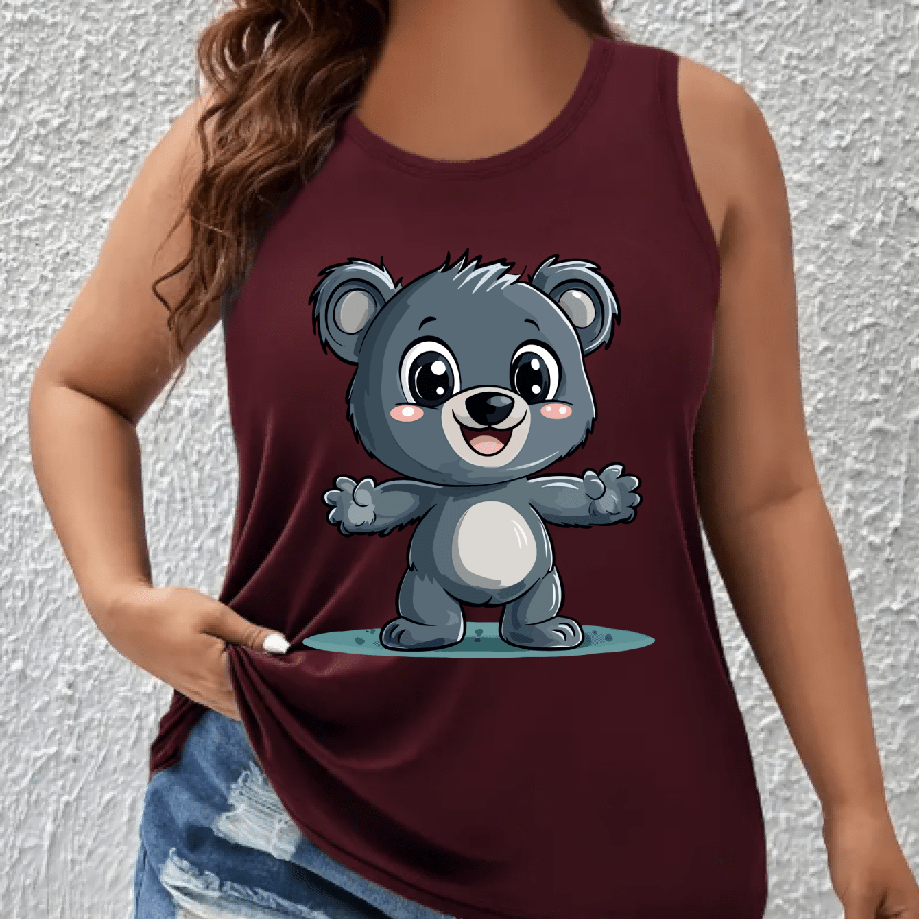 Women's Plus Size Off-Shoulder Vest Top With Cartoon Koala Print Breathable Stretchy Fabric