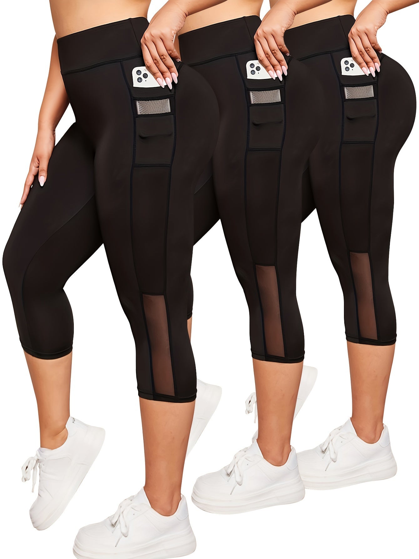 Pantalones cortos de yoga de cintura alta para mujer con control de abdomen, bolsillos y contraste de malla en negro