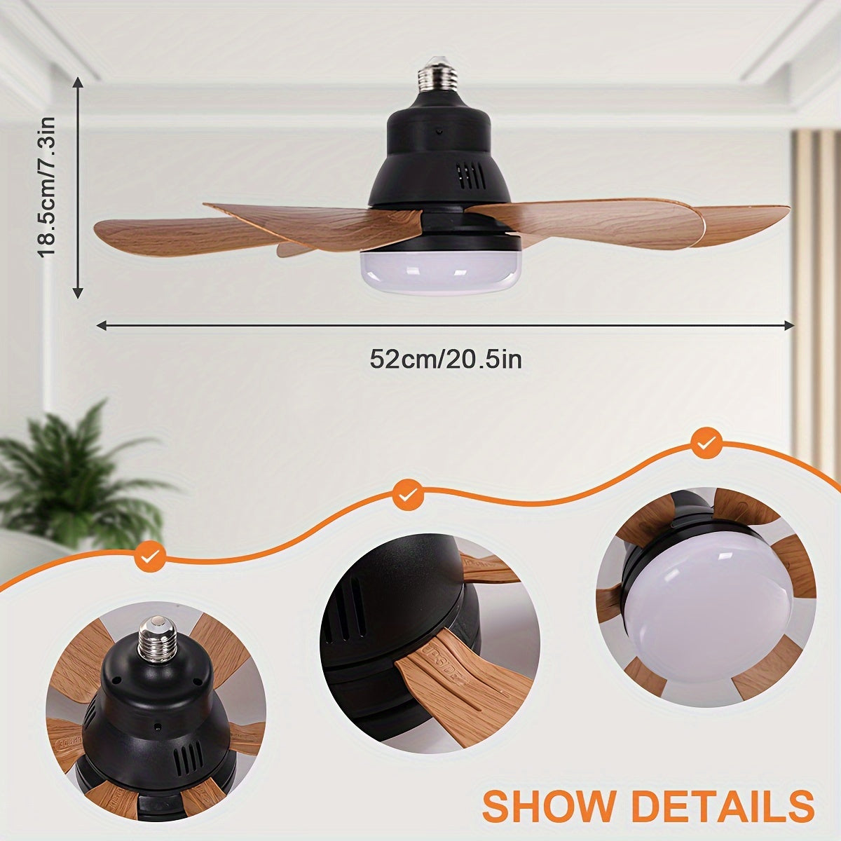 Dimmable LED Ceiling Fan 52.07 cm with Remote Control Black Wood Grain Bedroom Kitchen Study