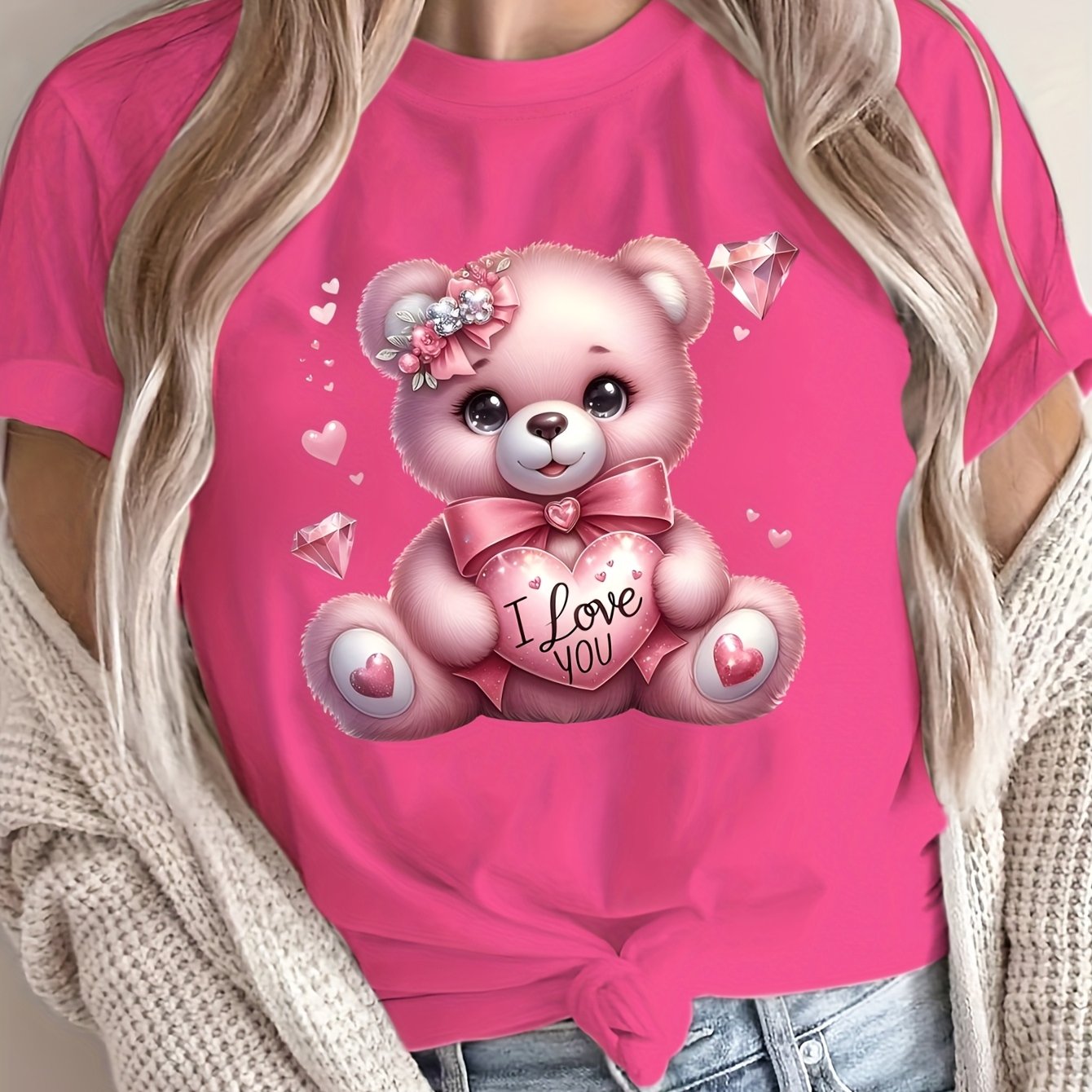 Women's Casual Crew Neck T-Shirt with Cartoon Bear Print Polyester Breathable All-Season