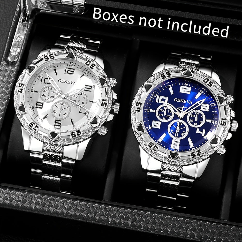 Men's Silver Quartz Watch Set with Stainless Steel Straps for Business and Casual Wear