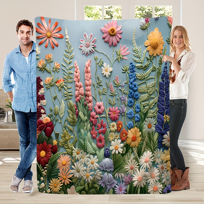 Floral Embroidered Throw Blanket Soft Cozy Flannel for Home Camping Travel
