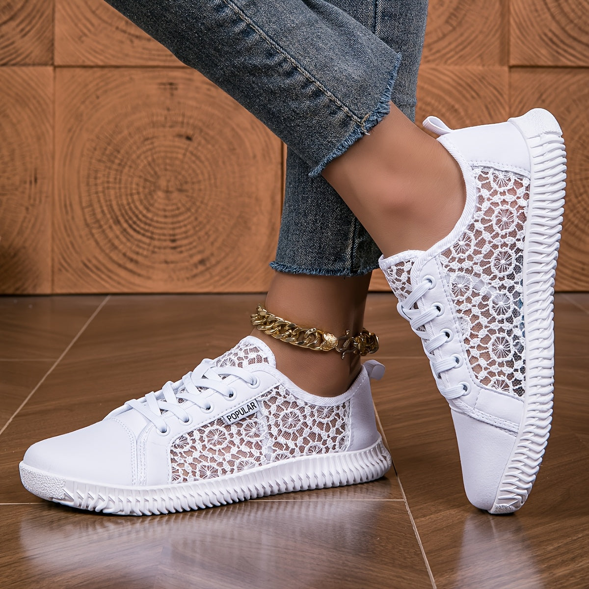 Women Spring/Summer Mesh Lace-Up Sneakers Wide Fit Breathable Rubber Sole