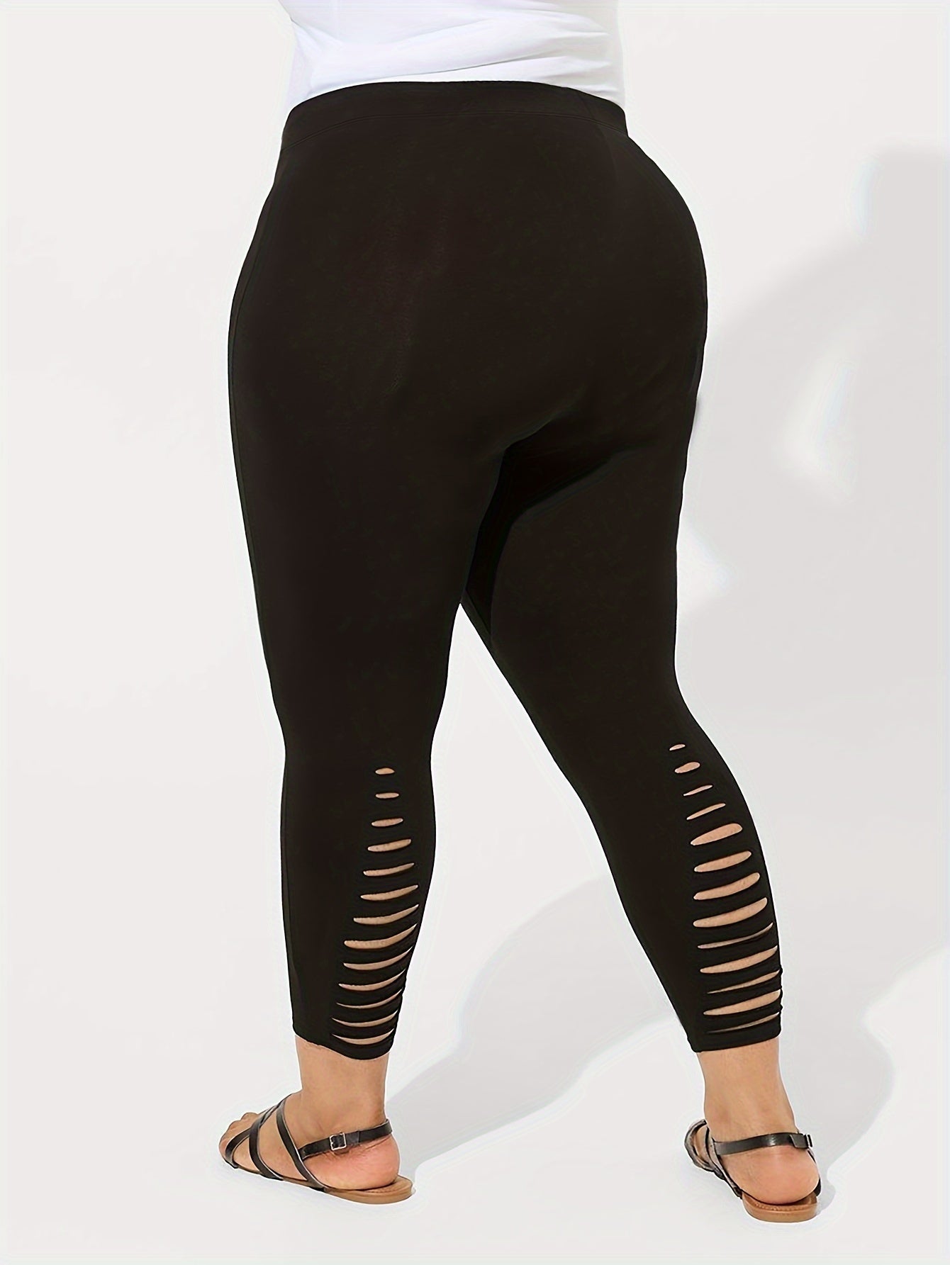 Plus Size Black High-Waisted Skinny Pants Ripped Hem Stretchy