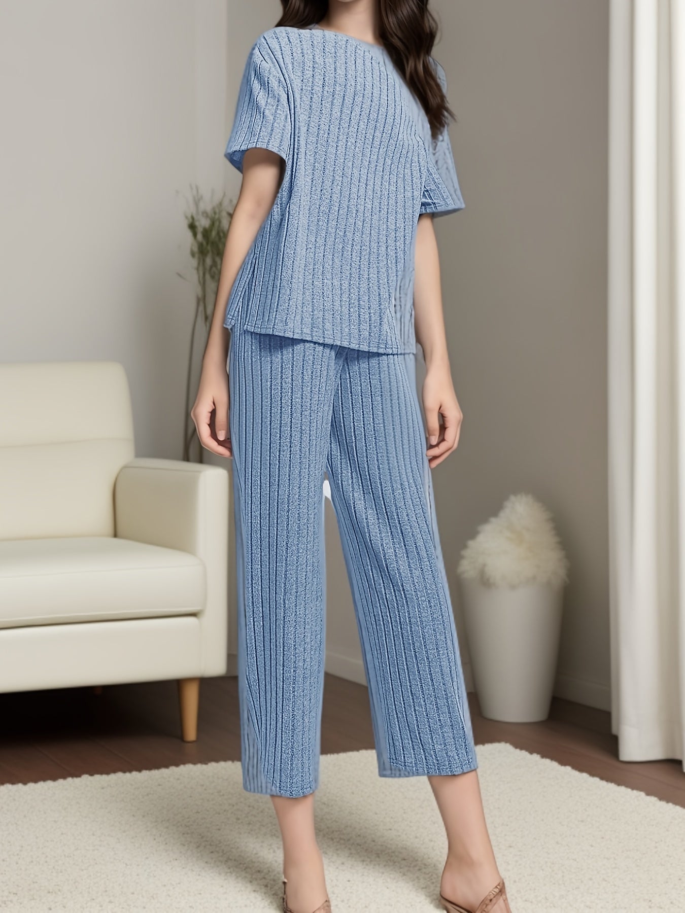 Women's Solid Ribbed Lounge Set with Short Sleeve Top and Pants Comfortable Loose Fit Fall Winter