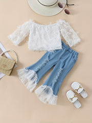 Girls Summer Outfit Off-Shoulder White Lace Top Blue Tulle Flared Pants Polyester