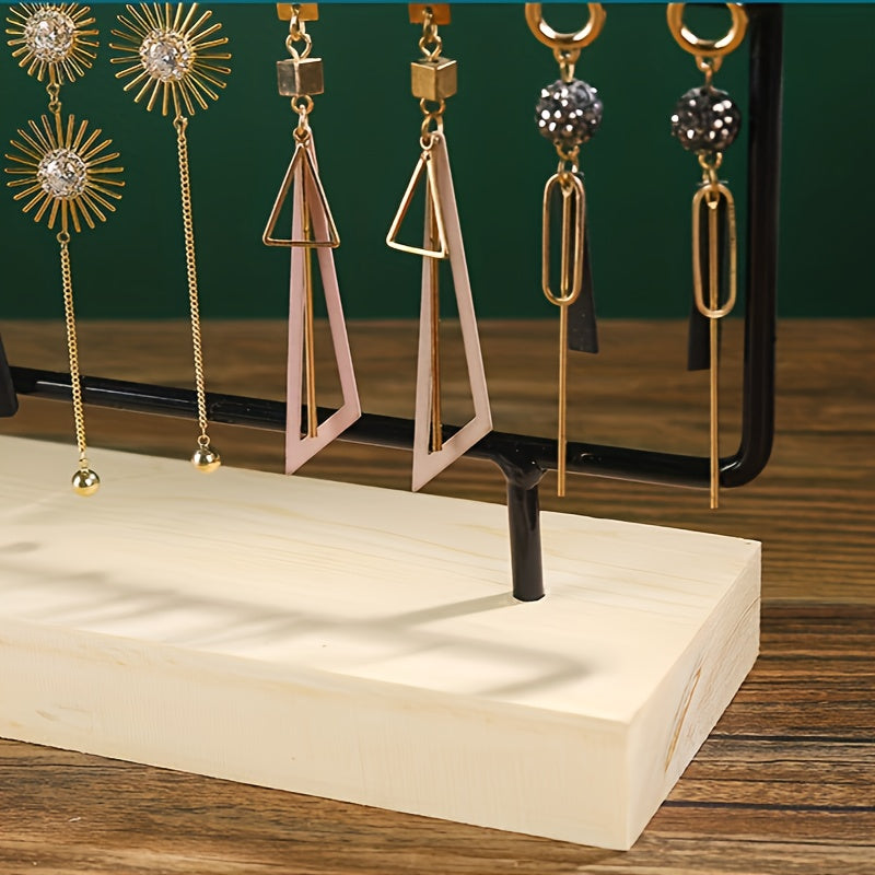 Metal Jewelry Storage Rack with Wooden Base for Earrings Organization