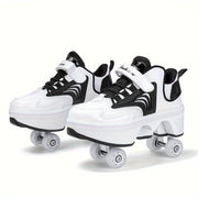 Boy's All-Season PU Skate Shoes with Detachable Wheels and Non-Slip Fastener