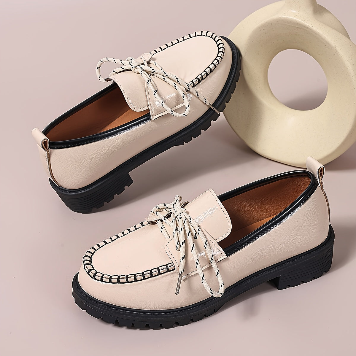 Women's White Loafers with Black Accents Casual Slip-On Platform Shoes