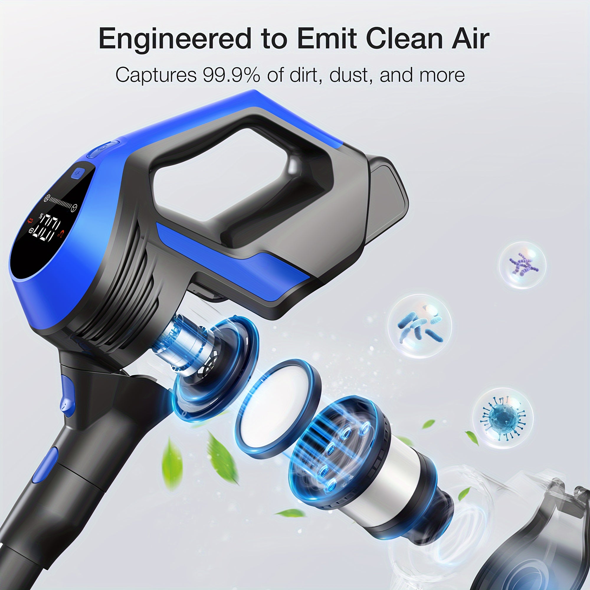 Raqamsiz tayoq changyutgich, raqamli displey bilan, 130W tortish kuchi, qattiq pol va hayvon tuklari uchun