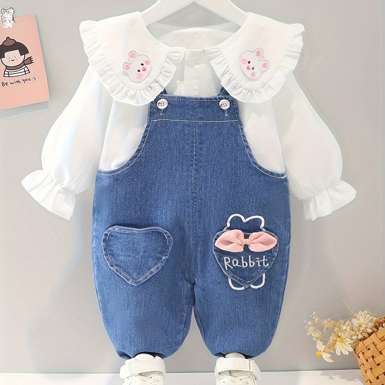 Baby Girl Denim Overalls with Rabbit Embroidery and Ruffled Blouse for Spring and Fall Outdoor Wear