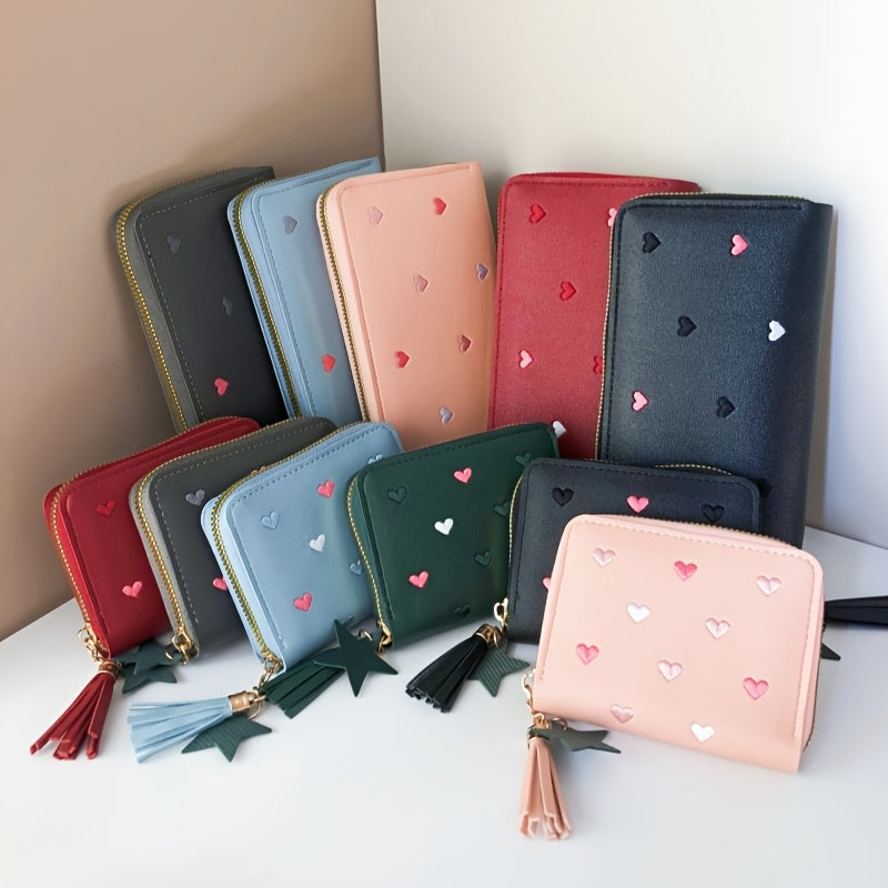 Women's PU Tassel Zipper Wallet with Heart Embroidery Compact Clutch in Assorted Colors