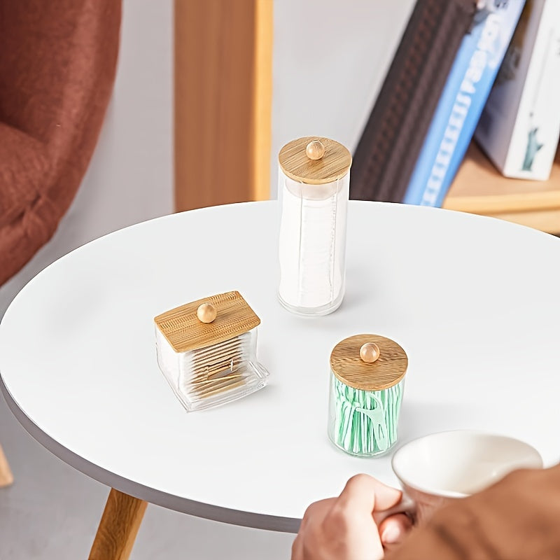 Porta hisopos de algodón con tapa de bambú, organizador de almacenamiento para baño