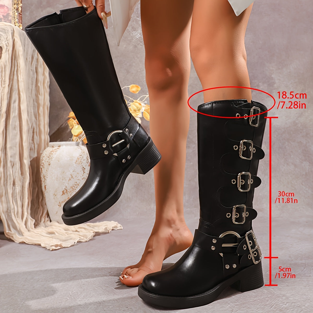 Women’s Faux Leather Mid-Calf Boots with Metallic Accents, French Heel