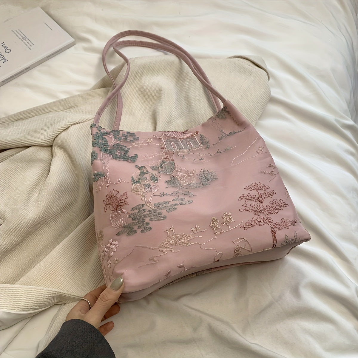 Women's Ethnic Style Shoulder Tote Bag with Embroidery Large Capacity for Commuting