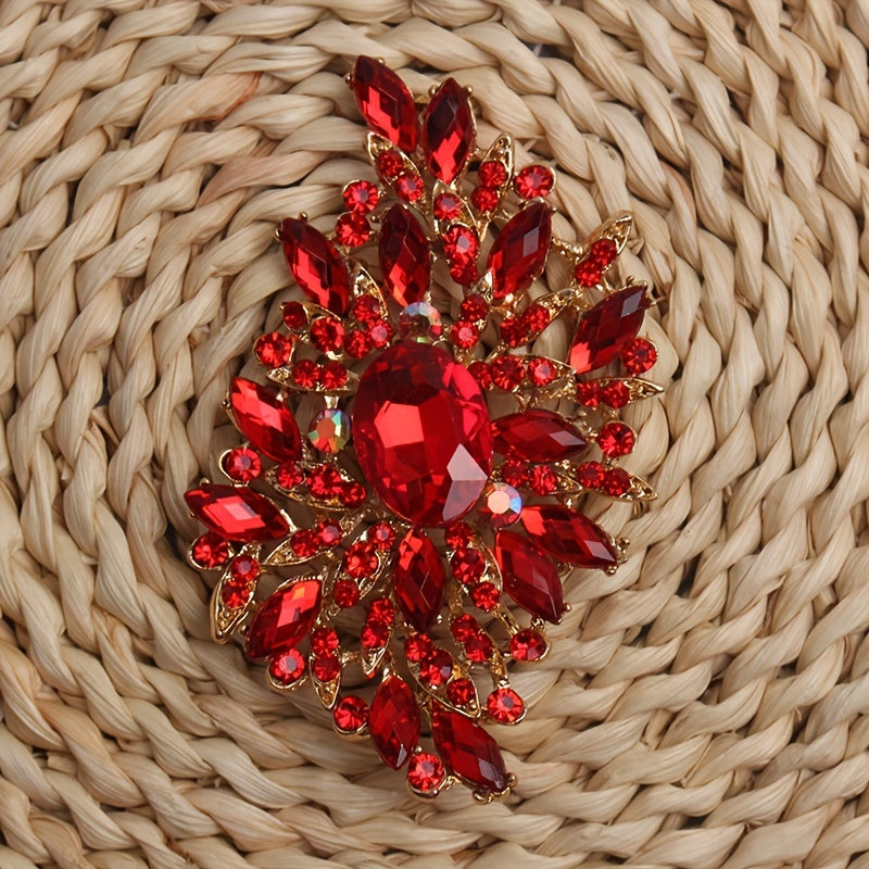 Red Crystal Glass Brooch Pin with Large Floral Design for Women