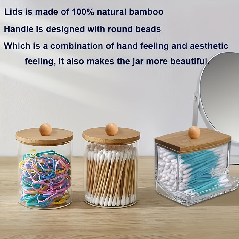 Acrylic Swab Holder with Bamboo Lid for Makeup and Household Organization