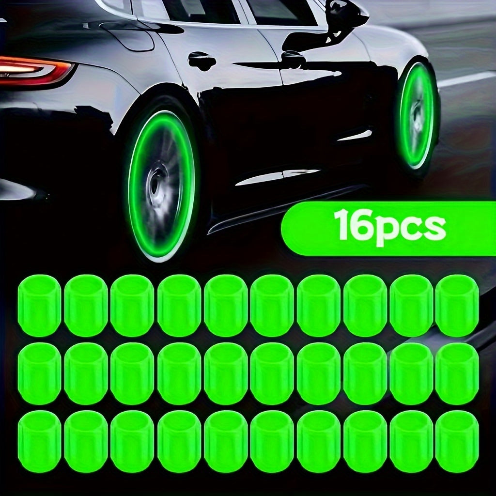 16pcs Luminous Tire Valve Stem Caps for Bikes Motorcycles Cars Glow-in-the-Dark Plastic Dust-Proof Leak-Proof