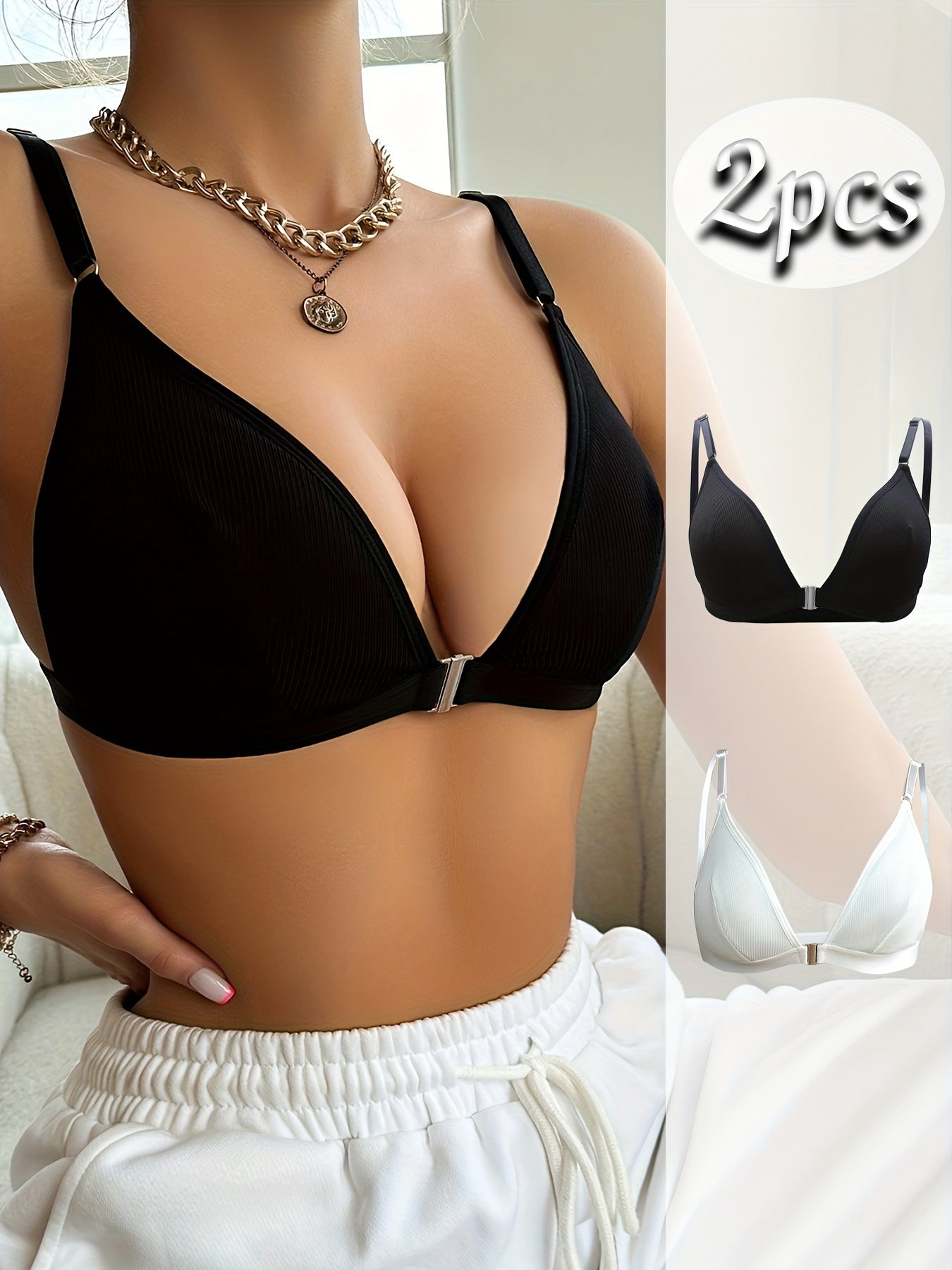 2-Pack Women's Push Up Bras Wireless Solid Color Knit Fabric Black White