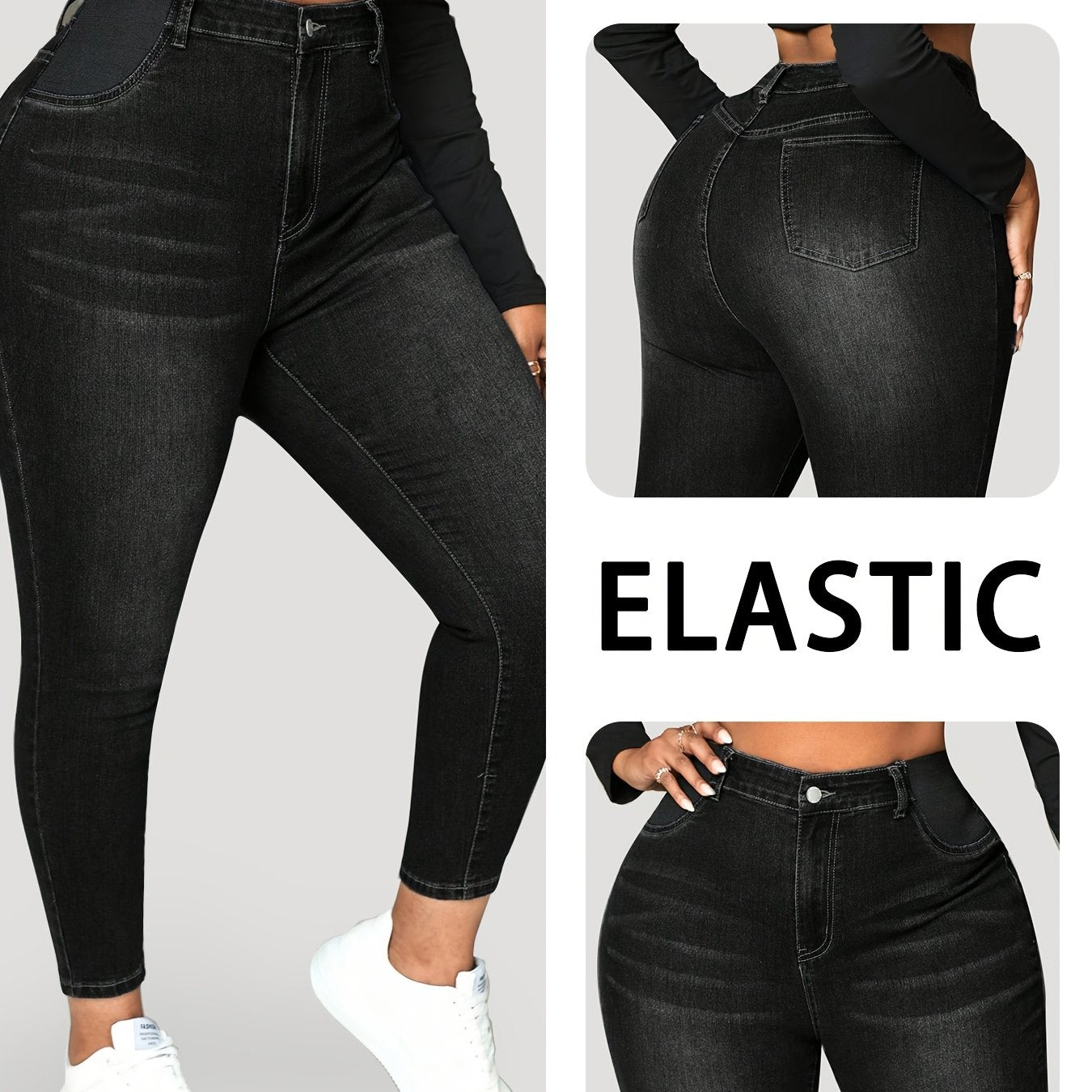 Women's Skinny Jeans Black Denim Mid-Rise Slim Fit Casual All-Season