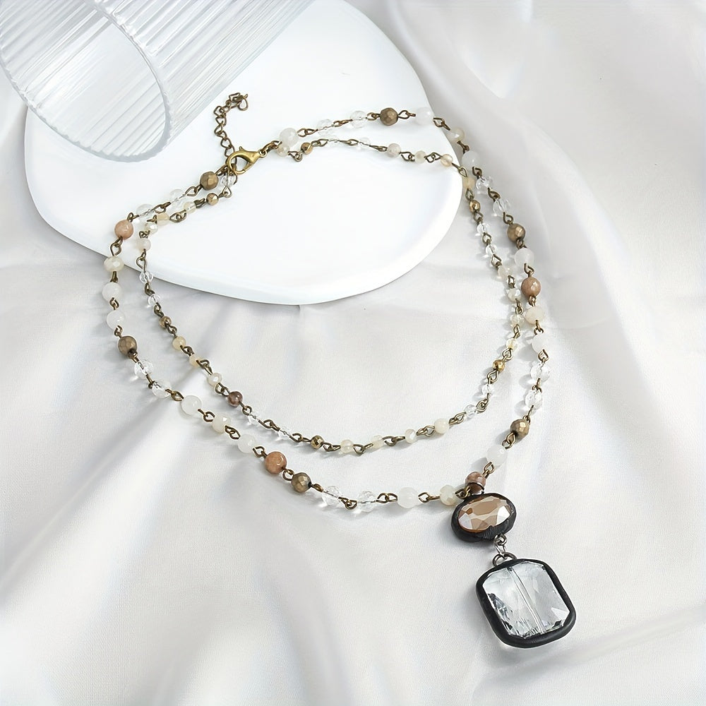 Unisex Tribal Style Necklace with Natural Stone Crystals and Glass Chains for Spring and Summer