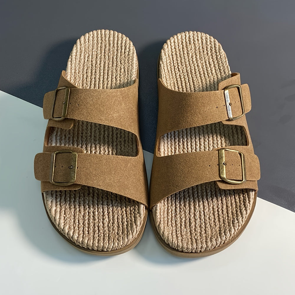 Erkaklar uchun bir rangli ochiq barmoqli slippers, bog'ichli tasmalari bilan, nafas oladigan va qulay EVA tagligi, plyaj yoki tasodifiy kiyim uchun mukammal.
