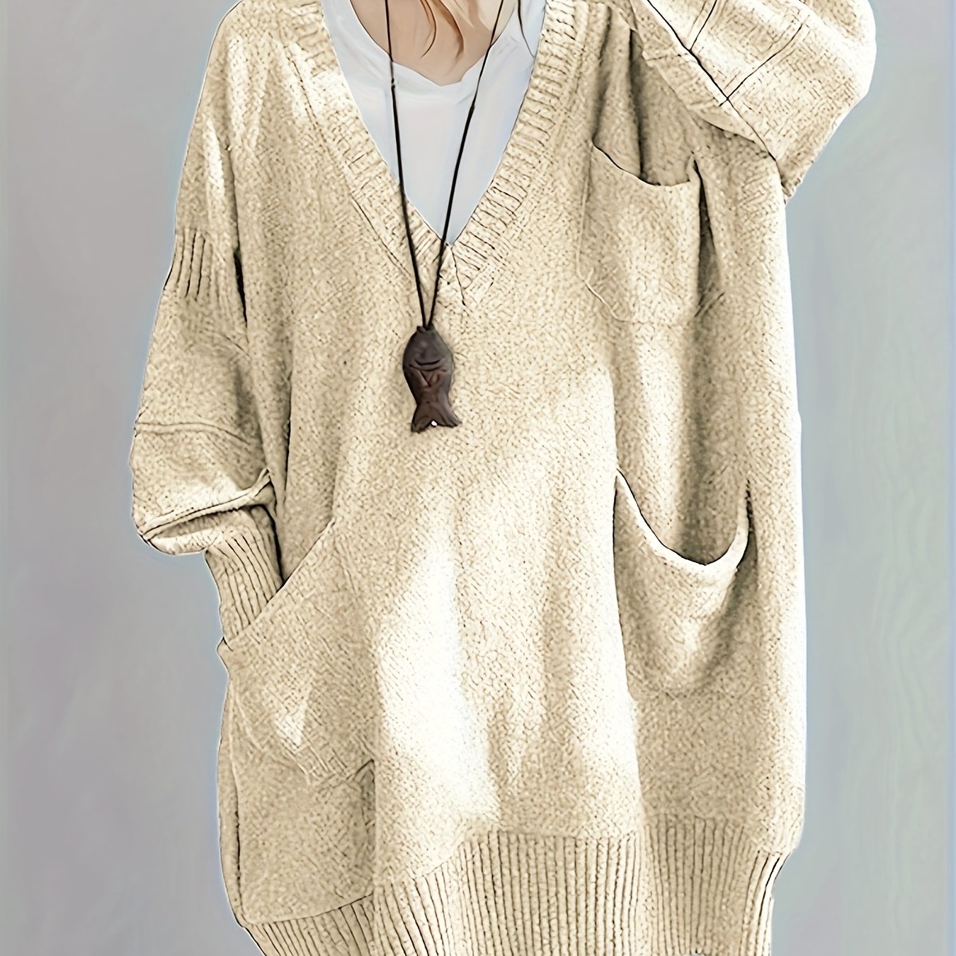 Plus Size Women's V-Neck Oversized Sweater Black Longline Casual Pullover