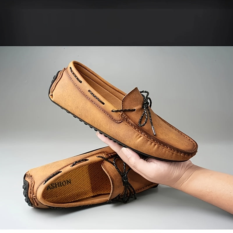 Men's Leather Bowknot Moccasin Loafers Non-Slip Slip-On Driving Shoes for Spring Summer
