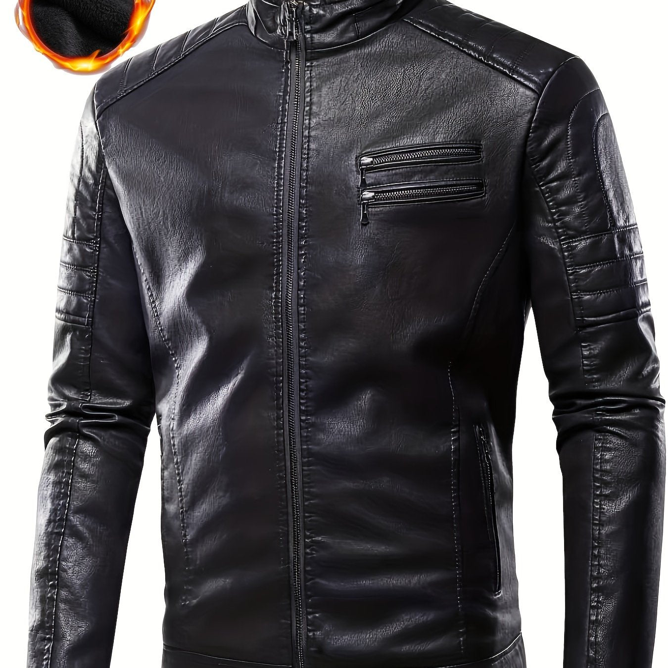 Men's Plus Size Black Faux Pocket Zip-Up Jacket for Fall Winter Warm Comfortable